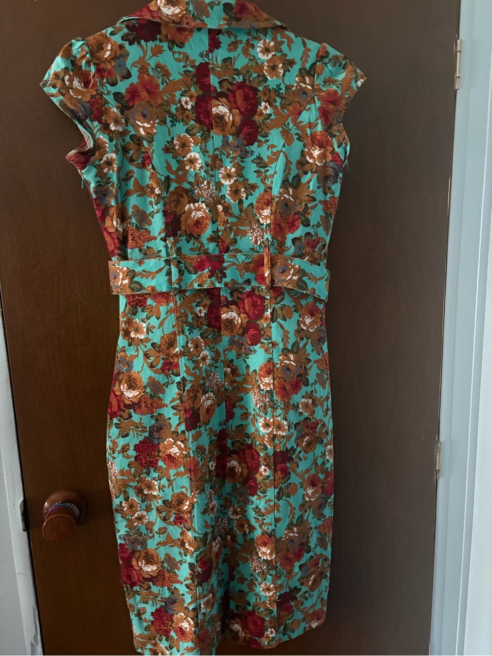 Lindy Bop Teal Floral Belted Midi Dress - Picture 5 of 9